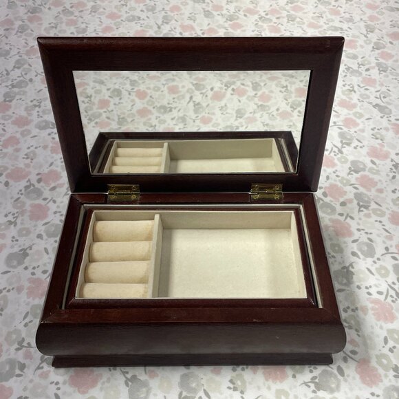 Small Wooden Jewelry Box - Embroidered Inlay - Removable tray - Picture 2 of 16